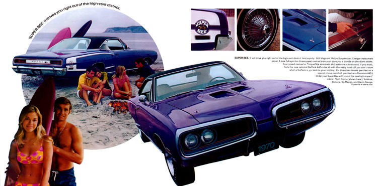 1970 Super Bee in plum crazy high impact paint, photo from Dodge Coronet brochure.